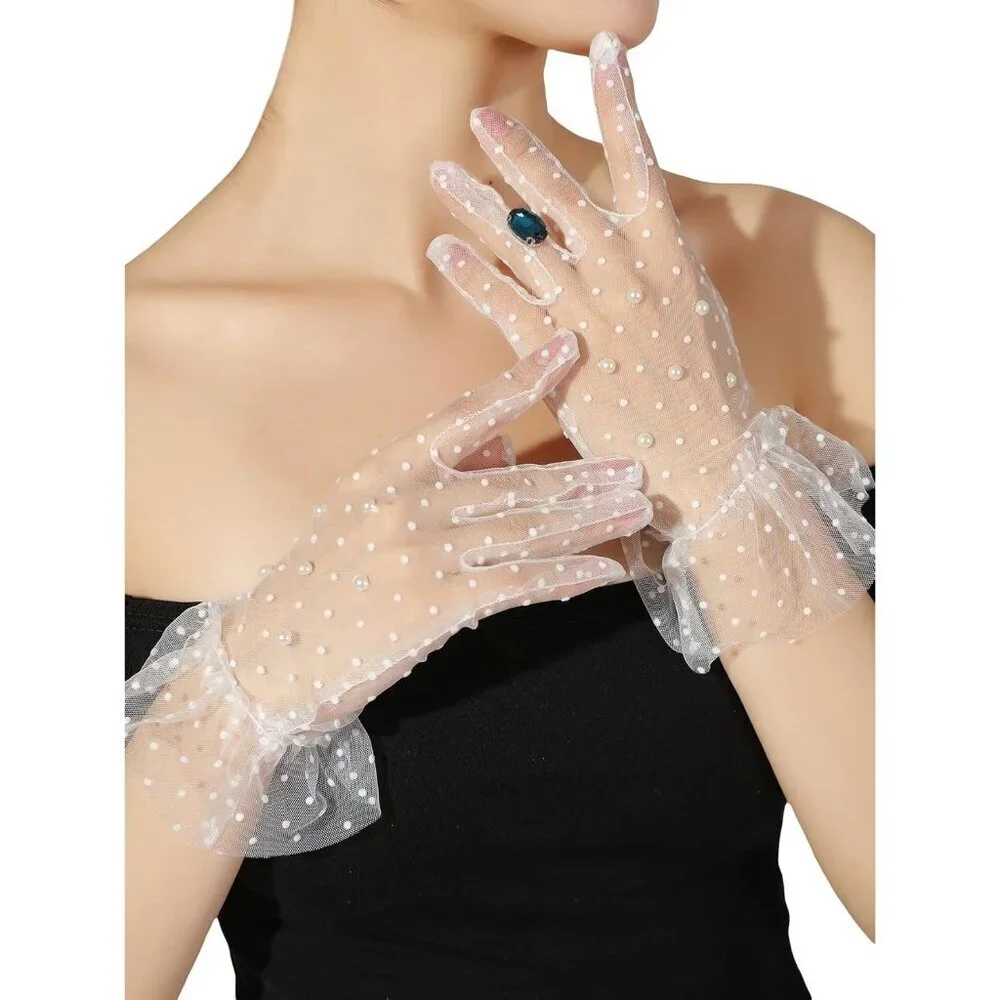 Women's Ruffle Polka Dots Pearls Mesh Sheer Trim Bridal Party Tea Gloves Design